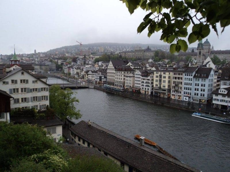 Zurich town view along river Limmat from Lindenhof hill